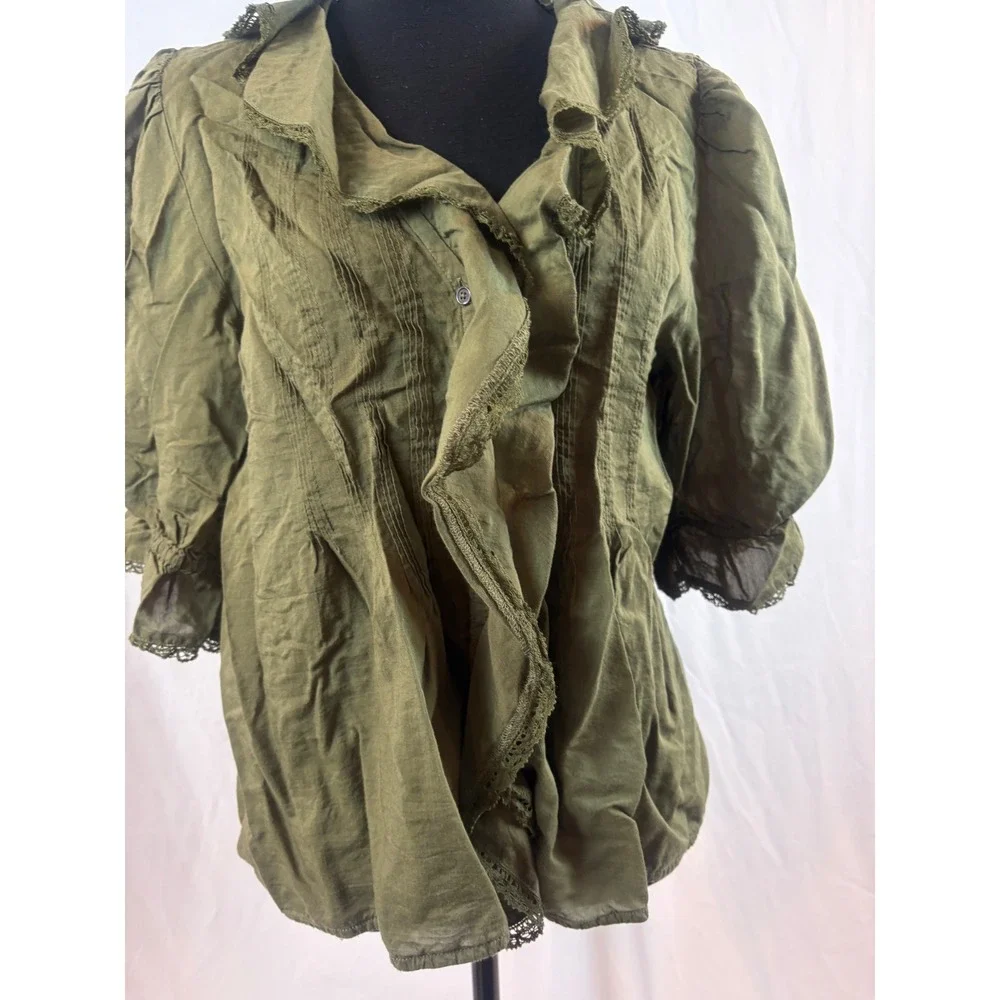 Olive Green Victorian Ruffle Lace Trim Puff Sleeve Pintuck Blouse Top Size XL - Picture 7 of 8